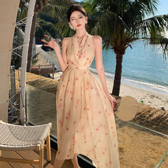 JazzHer Summer New V-neck Lace-up Female Printed A-line Dress Temperament Elegant Halter Women Sleeveless Midi Dress Ladies Vestidos