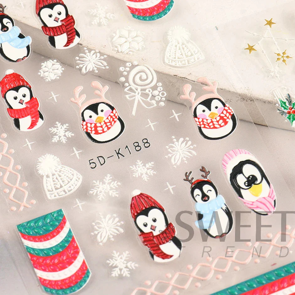 JazzHer 5D Xmas Embossed Nails Art Decals Cute Cartoon Penguin Bear Sweater Design Adhesive Stickers Winter Accessories Decor LY5D-K188