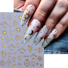 JazzHer 3D Bronzing Sun Star Nails Stickers Golden Silver Y2K Strip Line Nail Art Design Self Adhesive Decal Sliders Manicure Decoration