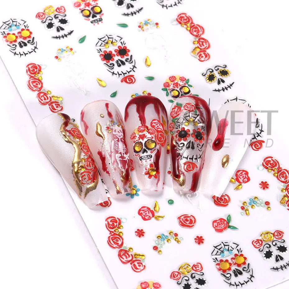 JazzHer 5D Halloween Nail Art Sticker Skull Sliders Head Flower Decals Nails  Anime Design Holiday Decorations For Manicure Accessories