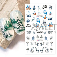 JazzHer 12pcs Winter Forest Styling Water Stickers For Nail Gradient Snowflake Bird Elk Design Xmas Manicure Charm Sliders LYBN2425-2436