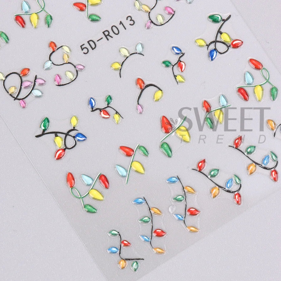 JazzHer 5D Colorful Christmas Light Embossed Nails Art Stickers Glove Snowflake Decals Self-Adhesive Bells Light DIY Manicure Decoration