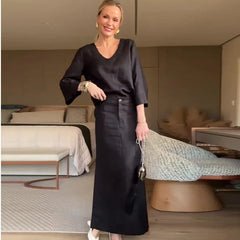 JazzHer Two Piece Set Women Blouse Skirt Suit Solid Colour Top V Neck Split Long Skirts Outfits Button Temperament Female Dress Sets