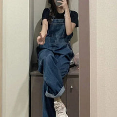 JazzHer Women Jeans Washing Solid Overalls Jumpsuits Denim One Piece Loose Fit Ankle Length Straight Elegant Pants Basics Pockets 2024