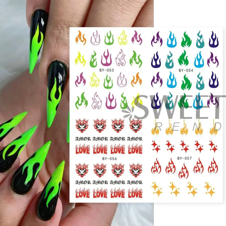 JazzHer Raging Fire Flame Nail Water Stickers New Year Winter Red Love Heart Design Gradient Watermark Nails Foil Tips Accessories LYBY