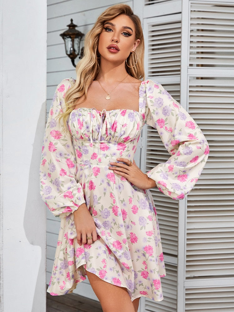 JazzHer Newasia Floral Dress Women Lantern Long Sleeve Ruched Print A Line Square Neck Tie Up Mini Vestidos Sexy Chic Summer Beach Dress