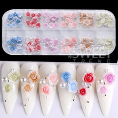 JazzHer 12Grids Champagne Rose Flower 3D Nail Charms Mixed Pearl Beads Nail Art Decoration Part Jewelry Rhinestone Manicure Accessories