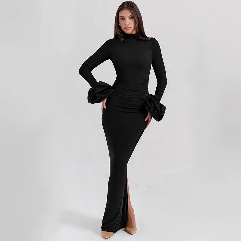 JazzHer High Stretch Elegant Evening Party Dress Women Long Sleeve Tie Flowers Sexy Dress Long Bodycon Autumn Dress Vestidos