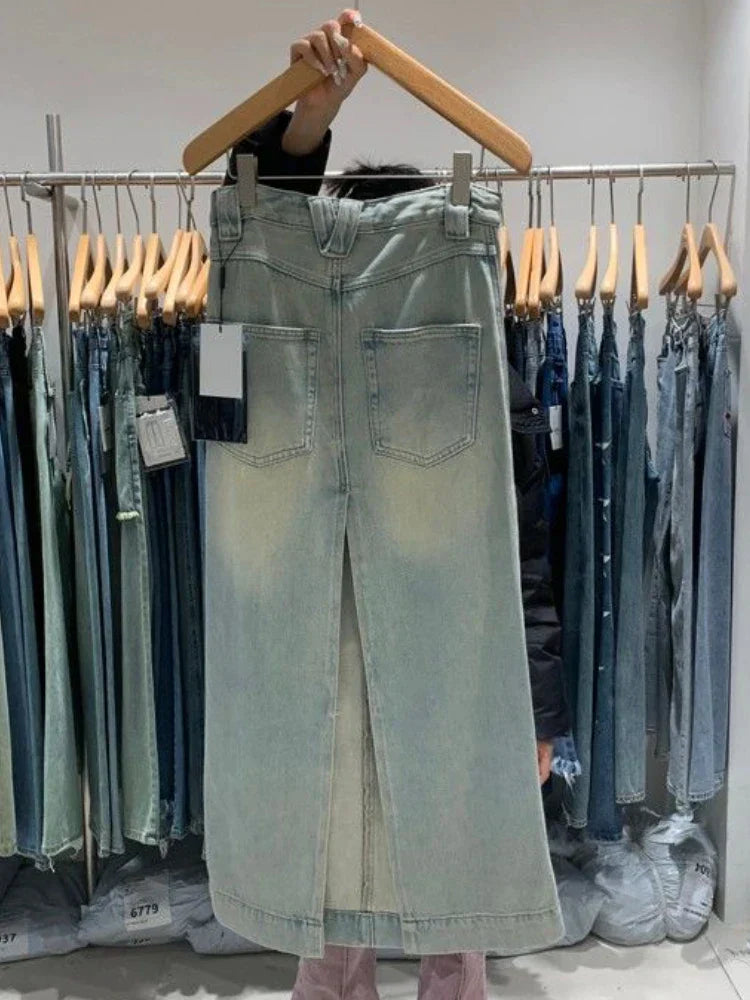 JazzHer-Old Washing Long Denim Skirt Women Vintage Streetwear High Waist Split Korean Fashion Maxi Jean Skirt Spring Casual