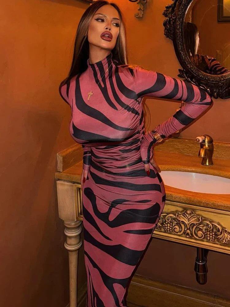 Black Friday JazzHer Elegant Sexy Leopard Print Maxi Dress For Women Long Sleeve Slim Fit Birthday Gown Dress Fashion Female Streetwear Cloth