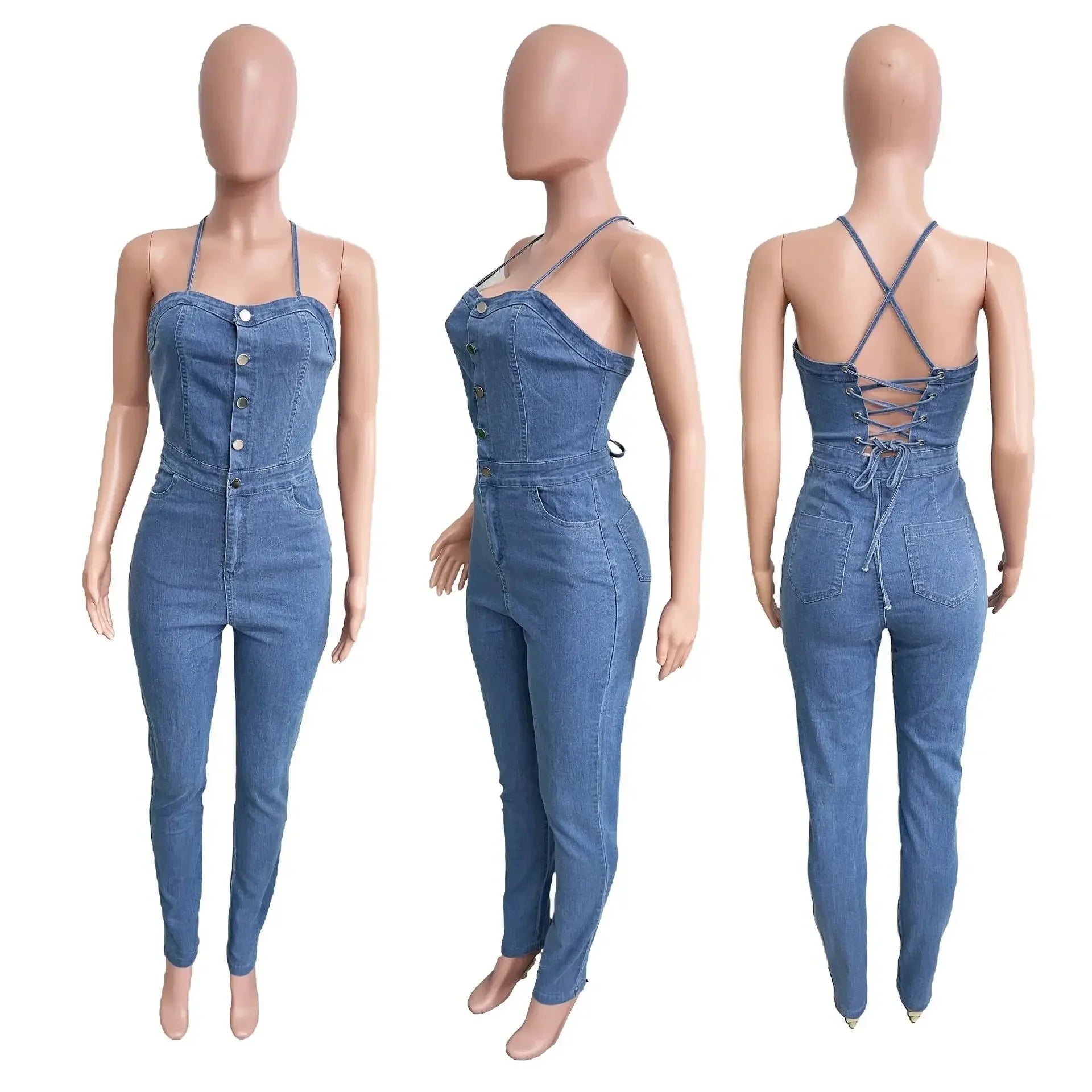 JazzHer Women Jeans Backless Denim Washing Overalls Solid Jumpsuits Slim Fit Sexy Ankle Length Summer 2024 High Street Pockets