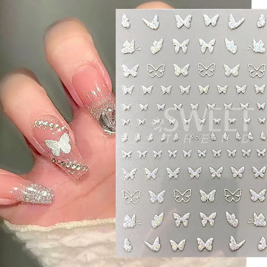 JazzHer 3D Reflective Golden Glitter Stickers Silver Powder Butterfly Star French Holographic Lines Nail Art Decals Decoration Manicure