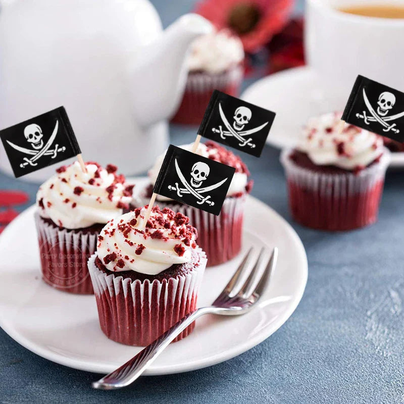 JazzHer Pirate Flag Toothpicks Cupcake Topper For Kids Boys Pirate Theme Birthday Party Cake Decoraiton Halloween Cocktail Pick Supplies