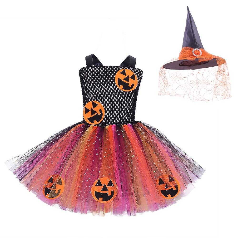 JazzHer Halloween Awakecrm Halloween Girls Tutu Dress Rainbow Tutu For Kids Carnival Party Costume Tulle Dresses With Hat Broom Pumpkin Monster Cosplay