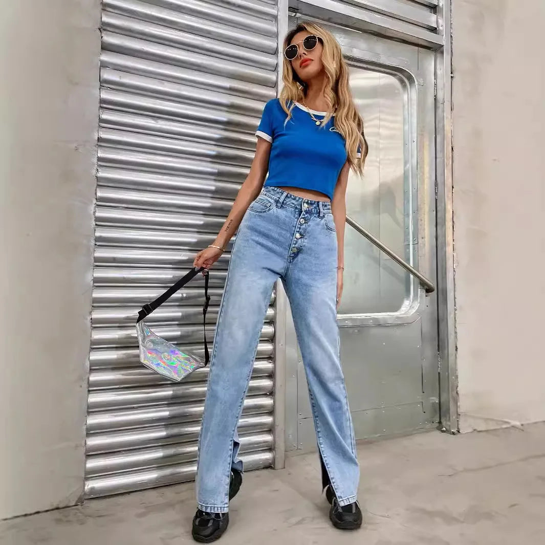 JazzHer Patchwork High Waist Denim Ankle Length Pants Women Clothing Straight Jeans Loose Fit Washed Jeans Pockets Streetwear Button