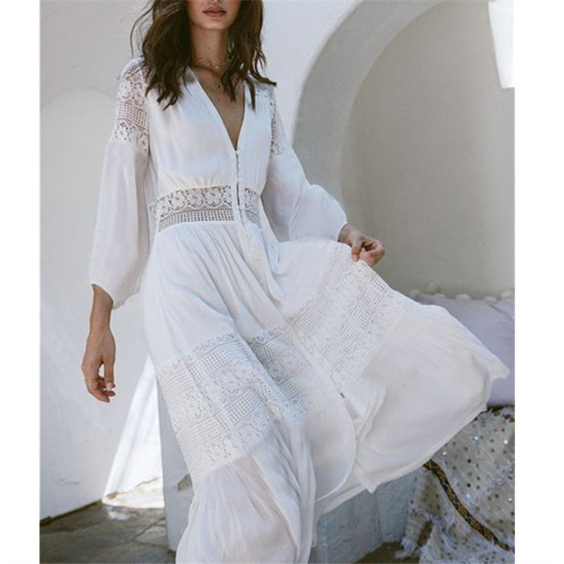 JazzHer Elegant Women Tunic Summer Fashion Long Beach Dress Sexy Patchwork Short Sleeve Front Open White Robe Dress Pareos Q561