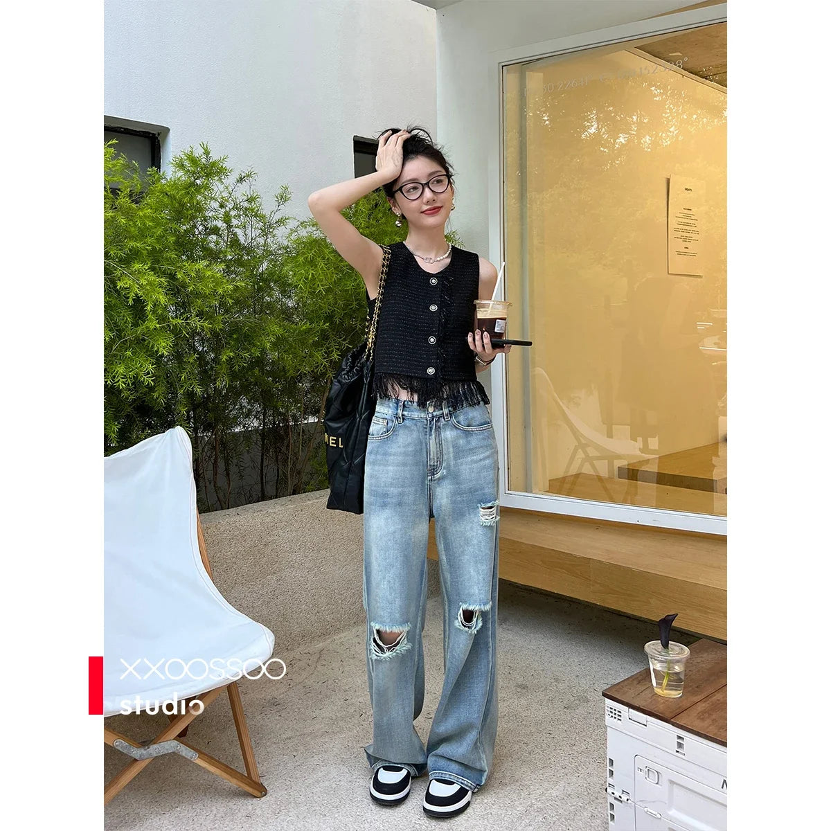 JazzHer Women Sexy Denim Wide Leg Pants Low Waist Denims Vintage Jeans Casual Trousers Hollow Out Split Diamonds Chain Floor Length