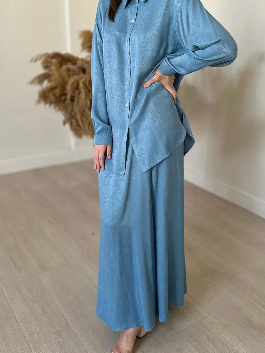 JazzHer Ramadan Two Piece Sets Shirt &Pants woman women Suits Shirt Blouse Musulman Ensembles Moroccan Kaftan Islamic Dress Sets