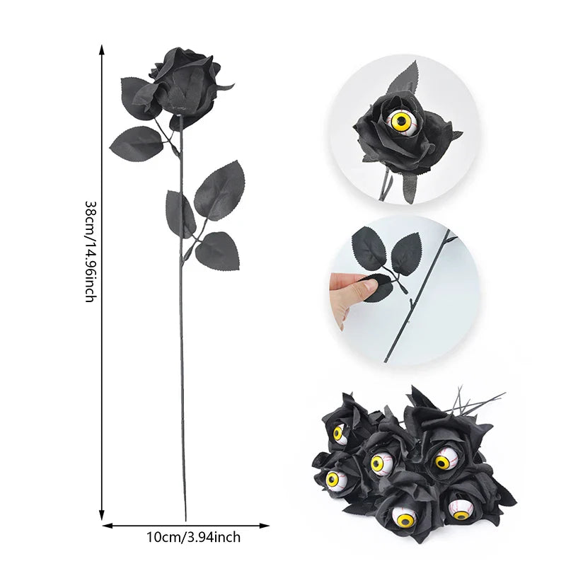 JazzHer 1/5Pcs Halloween Flowers Artificial Black Rose With Eyeball For Halloween Home Decoration Party Horror Props DIY Bouquets Craft