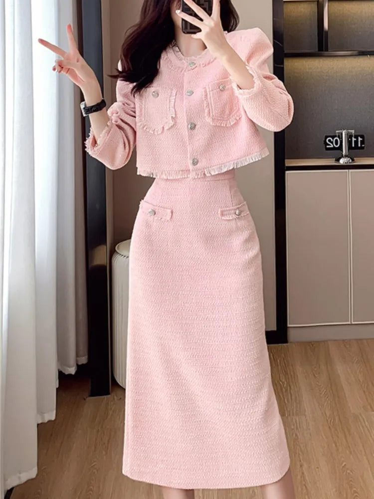 JazzHer French Elegant Women Pink 2 Pieces Set 2024 Autumn Tassel Long Sleeve Coat A-line Chic Midi Skirt Spring Y2k Lady Dress Suits