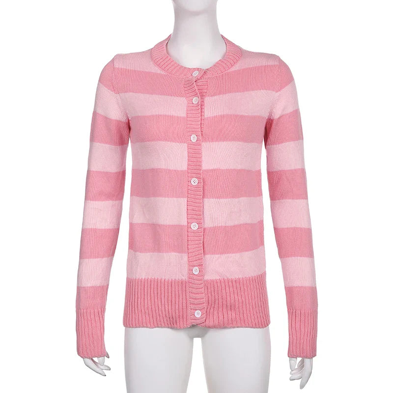 JazzHer Sweet Cute Pink Striped Long Sleeve Slim Fit Sweaters Preppy Button Up Knitted Cardigans Women Autumn Spring Knitwear Coat Tops