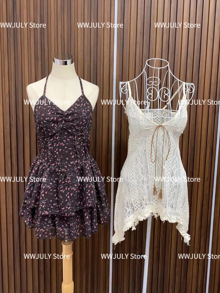 JazzHer Summer 2000s Aesthetics Korean Fashion Outfits 2 Piece Set Floral Dress Prairie Chic + Casual Knitted Tops High Street Design