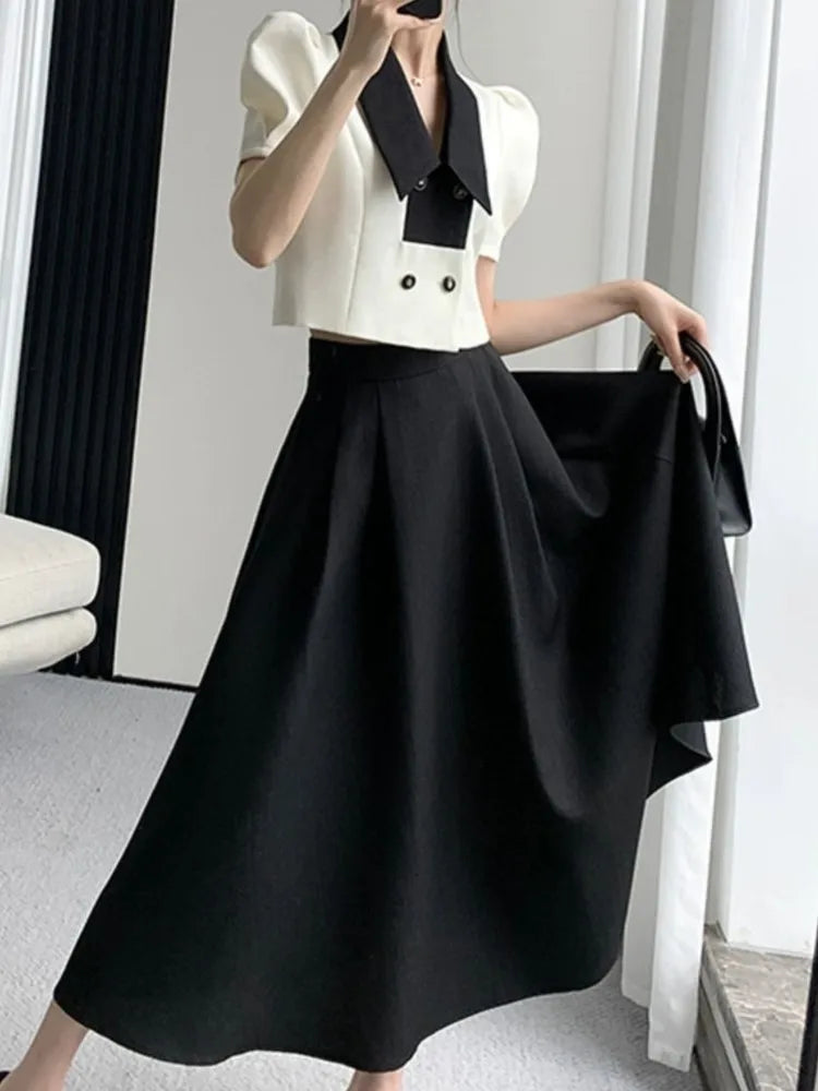 JazzHer French Elegant Two Piece Sets Vintage Office Lady Puff Sleeve White Crop Top + A Line Black Midi Skirts Suit Retro Summer Outfit