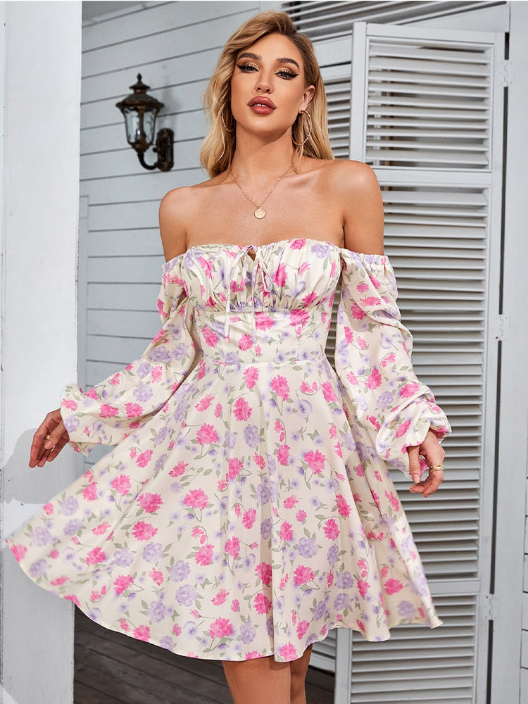 JazzHer Newasia Floral Dress Women Lantern Long Sleeve Ruched Print A Line Square Neck Tie Up Mini Vestidos Sexy Chic Summer Beach Dress