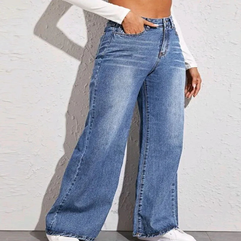 JazzHer Women High Waist Jean Wide Leg Denim Pants Vintage Ankle Length Jeans Spliced Pockets Washed Zipper Fly Basics Loose Fit