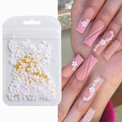 JazzHer Elegant Acrylic White Flowers Nail Art Jewelry Parts Mixed Gold Silver Beads Floral Decoration Design DIY Charm Accessories LYWF