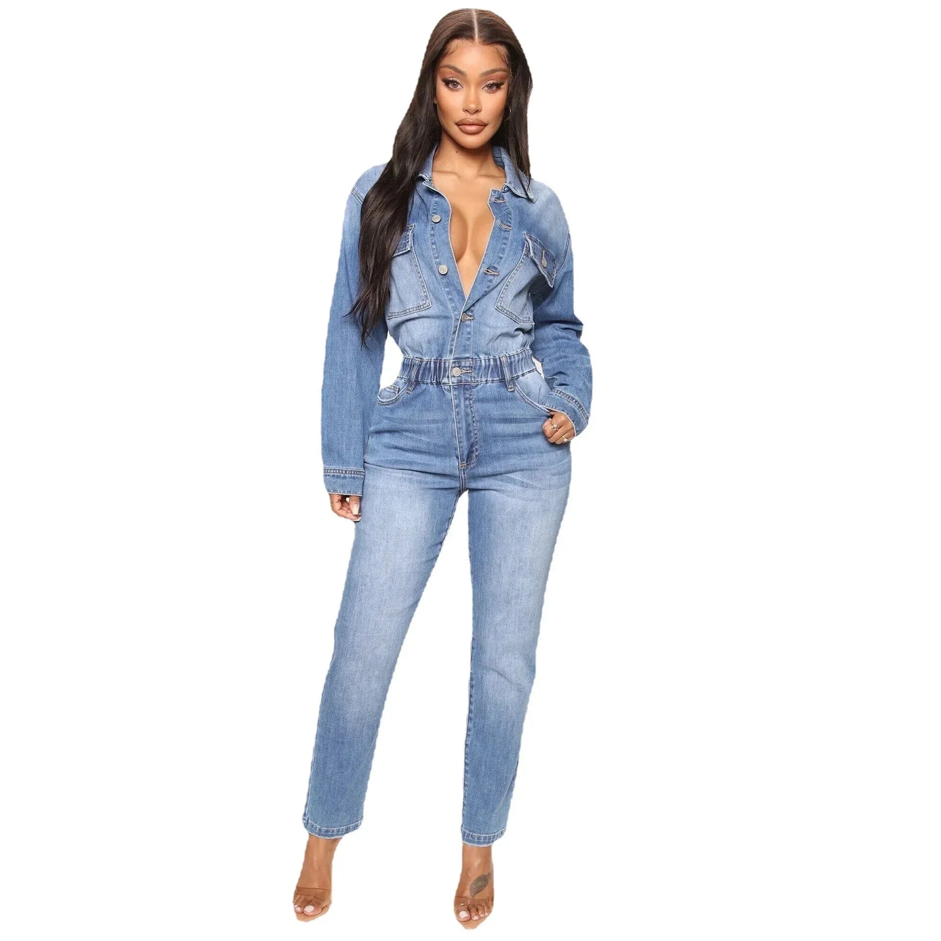 JazzHer Women Jeans Jumpsuits Single Breasted Solid Denim Washing Overalls Pockets High Street Button Pencil Pants Ankle Length