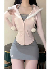 JazzHer 2024 Japanese Style Kawaii 3 Piece Set Hooded Cute Pink Coat + Casual Vest + Y2k Mini Skirt Sweet Fashion Suit Woman Chic