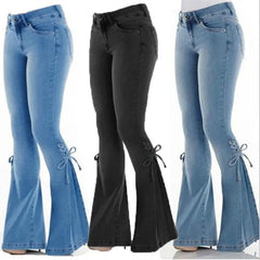 JazzHer Jeans Women Washed Flare Pants Denim Mid Waist Slim Fit Pockets Button Lace Up Vintage Trousers Solid Full Length Casual Denims