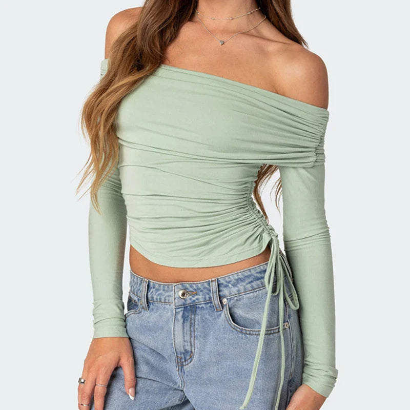 JazzHer 90s Vintage Backless Ruched Tie Up T-shirt Chic Women Drawstring Off Shoulder Crop Top Elegant Lady Long Sleeve Slim Fit Tees