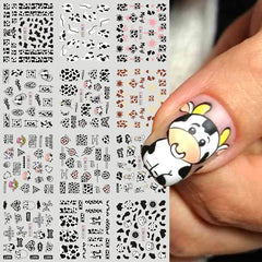 JazzHer 12pcs Milk Cows Nail Water Sticker Cute Cartoon Animals Prints Geometry Strip Decals Tattoo 2024 Watermark Transfer Sliders LYBN