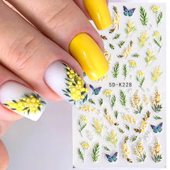 JazzHer 5D Yellow Mimosa Textured Nail Sticker Decal Simple Flowers Butterfly Design Acrylic White Embossed Sliders Manicure Decor LY5DK