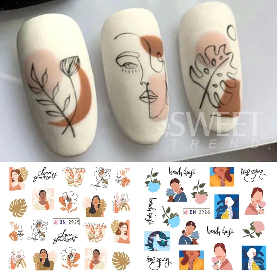 JazzHer 12Pcs/Set Woman Face Design Abstract Nail Art Stickers Flower Letter Leaf Sliders Decals DIY Manicure Decoration Water Stickers