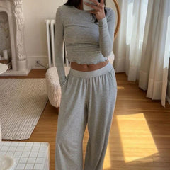 JazzHer Women Loungewear Comfy Sleepwear Outfits 2 Piece Pajama Set Long Sleeve Crop Tops T-shirt and Elastic Wide Leg Pants Nightwear