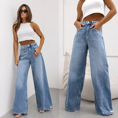 JazzHer Wide Leg Pants Ripped Hole Jeans Washed Denim Full Length Pants Spliced High Waist Zipper Fly Jean Loose Fit Basics Pockets