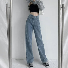 JazzHer Women Jeans Wide Leg Pants High Waist Vintage Pockets Button Basics Denim Full Length Straight Trousers Streetwear 2024 Denims