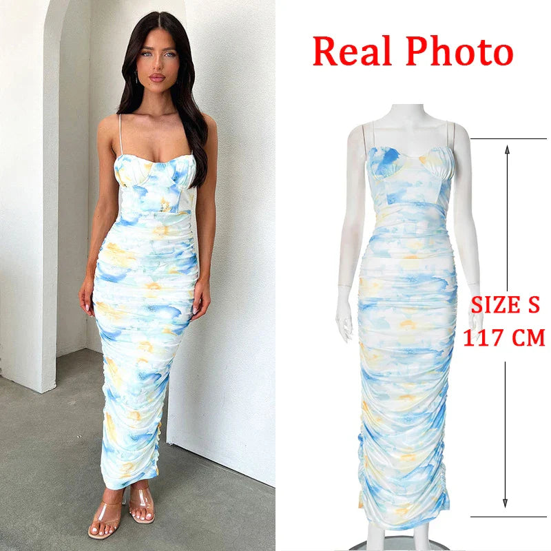 JazzHer 2025 Print Pleated Holiday Casual Dress Women Backless Slim Elegant Sexy Dress Bodycon Maxi Long Summer Dress Vestidos