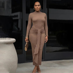 JazzHer Elegant Ruched Bodycon Long Dress For Women Long Sleeve Gown Fashion Drape Turtleneck Female Club Party Maxi Dress New