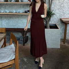 JazzHer Solid Ankle Length Dress Sets Pleated Skirts V Neck Sleeveless Vest Single Breasted Two Pieces Loose Button Office Lady 2024