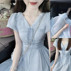 JazzHer Korean Style Folds Women Dress for Women Sweet Fairy Slim Fit Dress Tighten The Waist Fashion 2024 New Spring Summer Dress