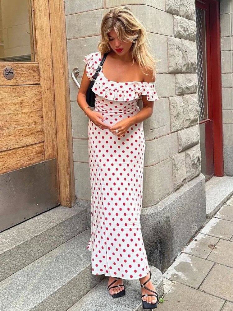 JazzHer-2024 Polka Dot Ruffles Bandage Maxi Dress Women Off Shoulder Slim Elegant Party Dress Summer Beach Holiday Sundresses