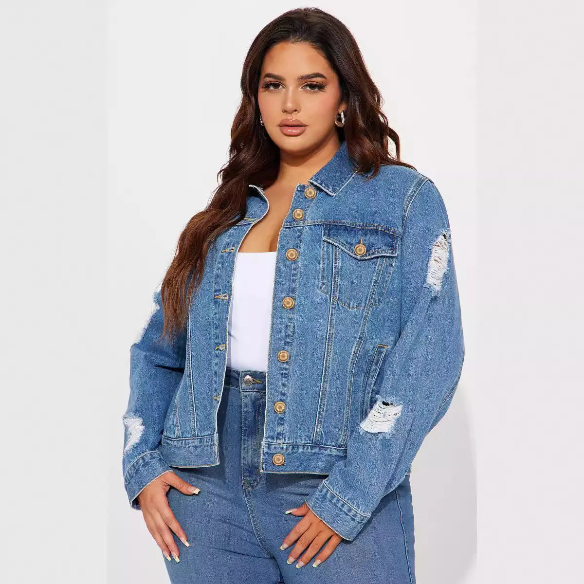 JazzHer Vintage Hole Denim Jacket Women Casual Jean Coat Turn Down Collar Single Breasted Overcoat Pockets 2024 Female Outerwear