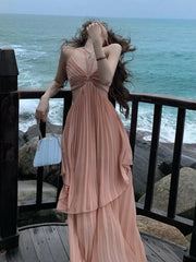 JazzHer Summer New Fashion Women Sexy Pleated  Boho Long Dress Vacation Beach Strap A line Ladies Robe 2024 Sundress