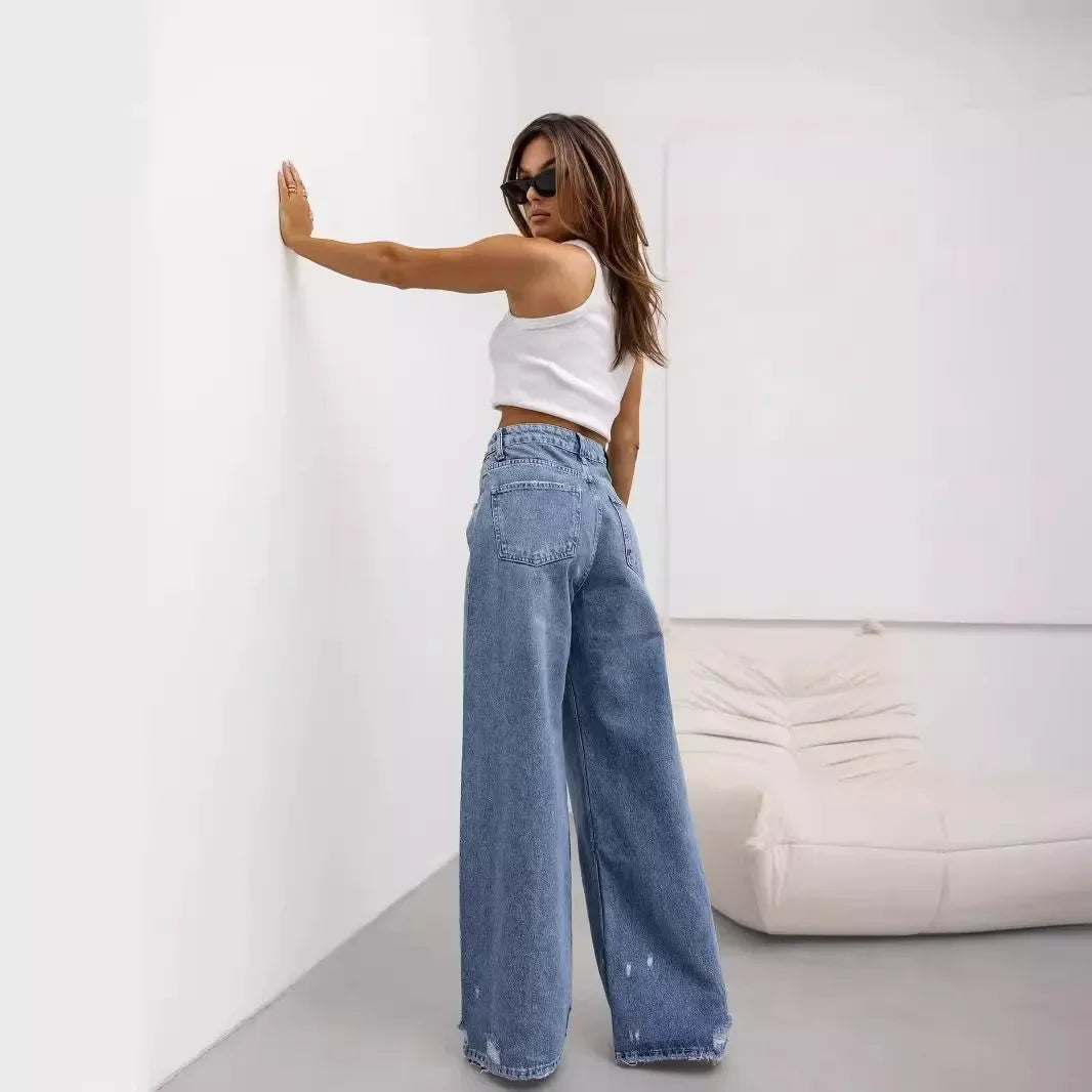 JazzHer Wide Leg Pants Ripped Hole Jeans Washed Denim Full Length Pants Spliced High Waist Zipper Fly Jean Loose Fit Basics Pockets