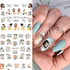 JazzHer 12Pcs/Set Woman Face Design Abstract Nail Art Stickers Flower Letter Leaf Sliders Decals DIY Manicure Decoration Water Stickers