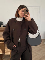 JazzHer Double Breasted Fashion Long Sleeved Women's Woolen Coat Casual Solid Color O-neck Jacket 2024 Autumn Winter Street Ladies Coats